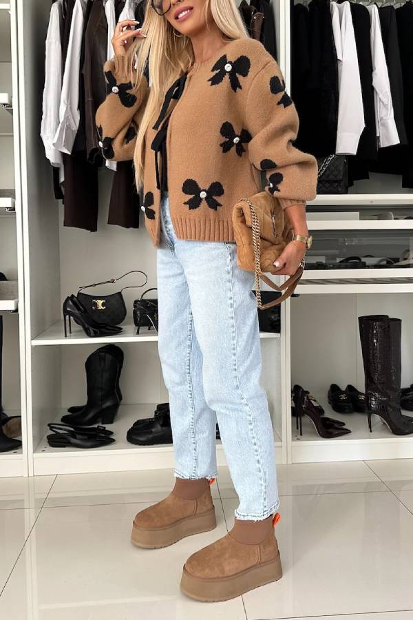 Bow Pattern Front Tie-up Long Sleeve Loose Cardigan
