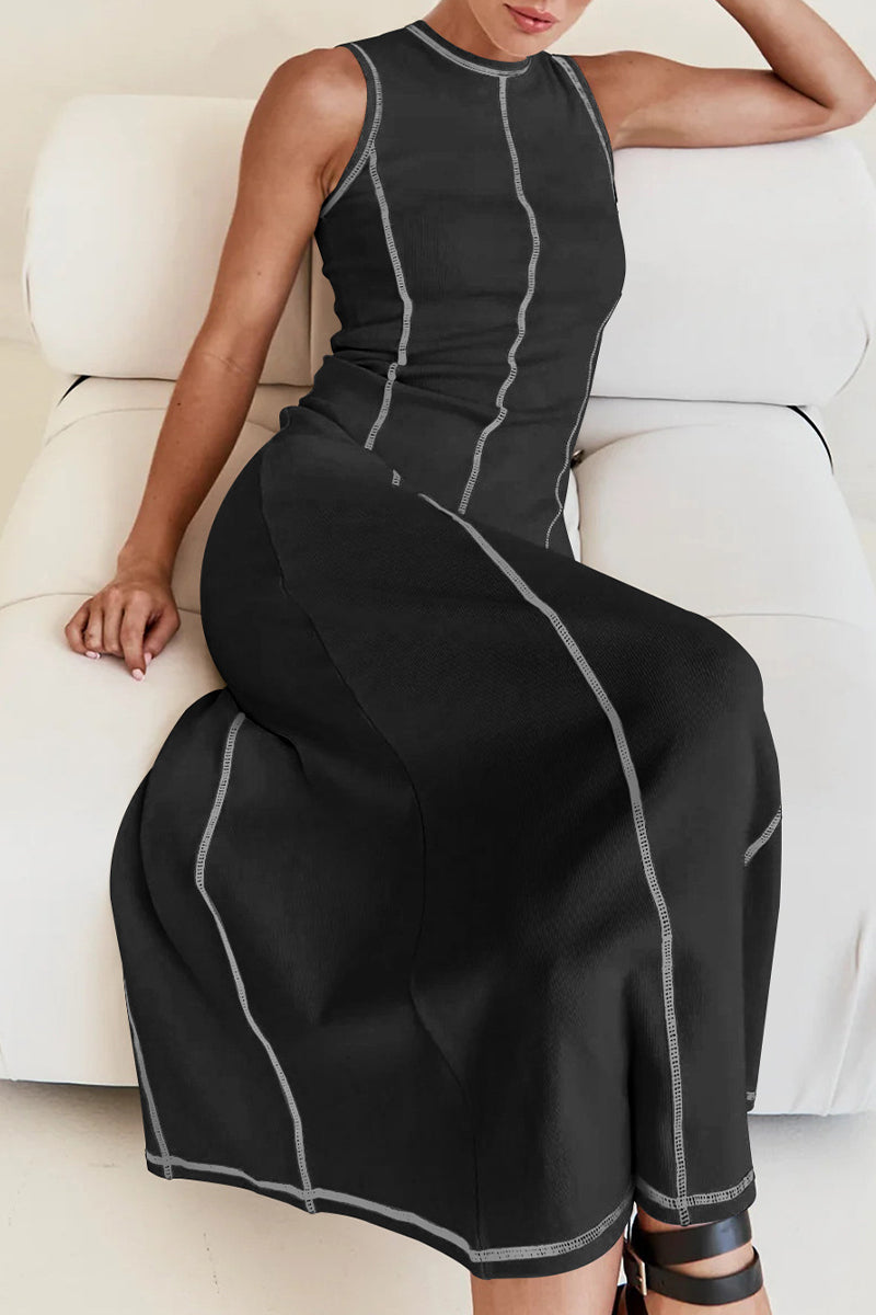 Casual Striped Contrast Sleeveless Round Necn Midi Dress