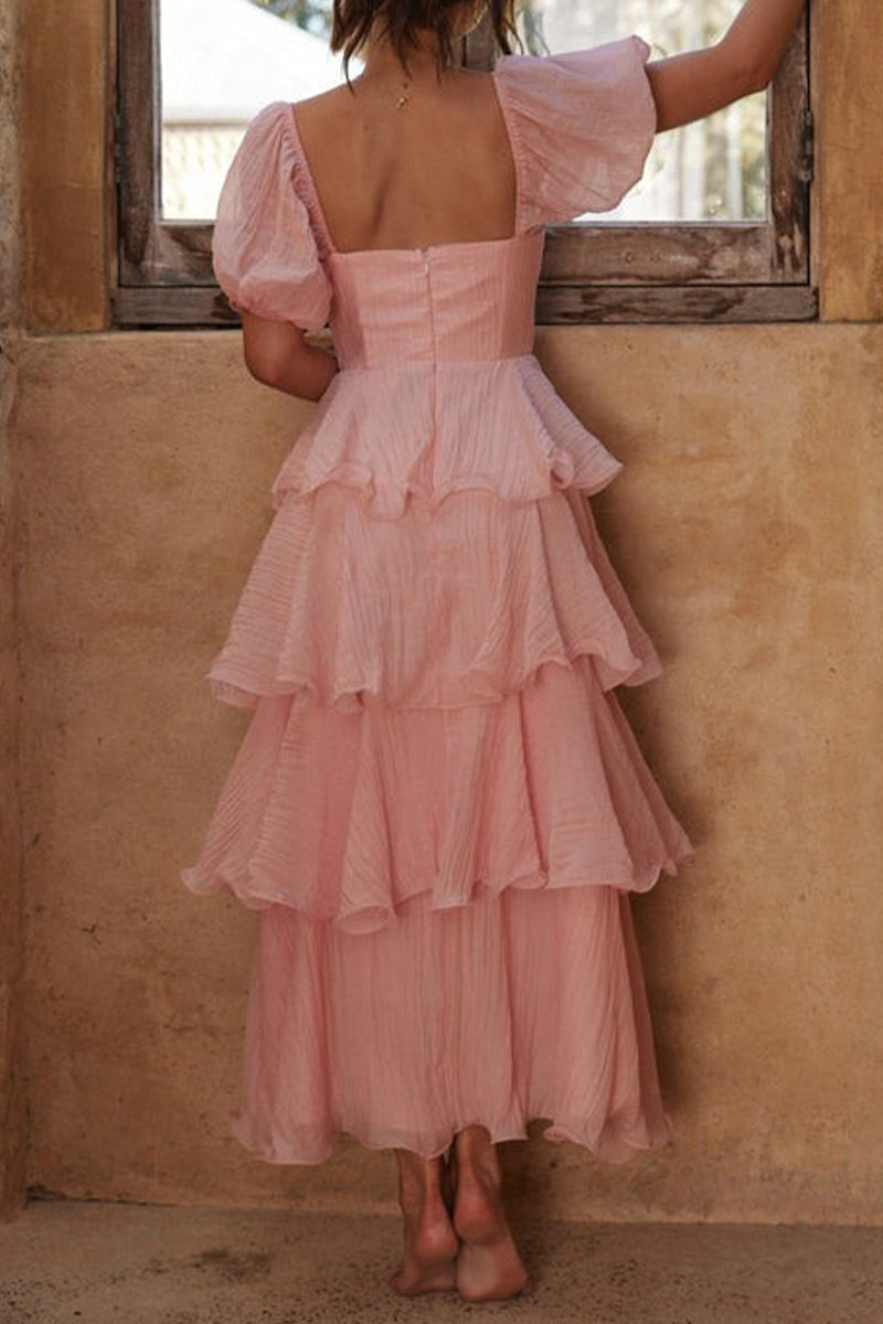 Classic Flounce Square Neck Tiered Midi Dress