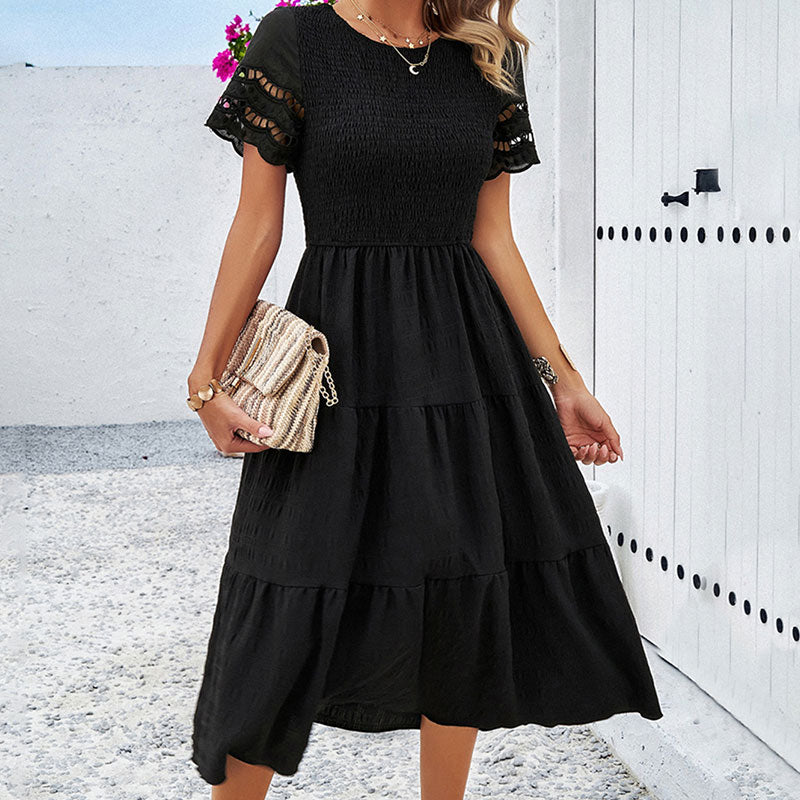 Elegant Round Neck Short Smocked Tiered Midi Dress