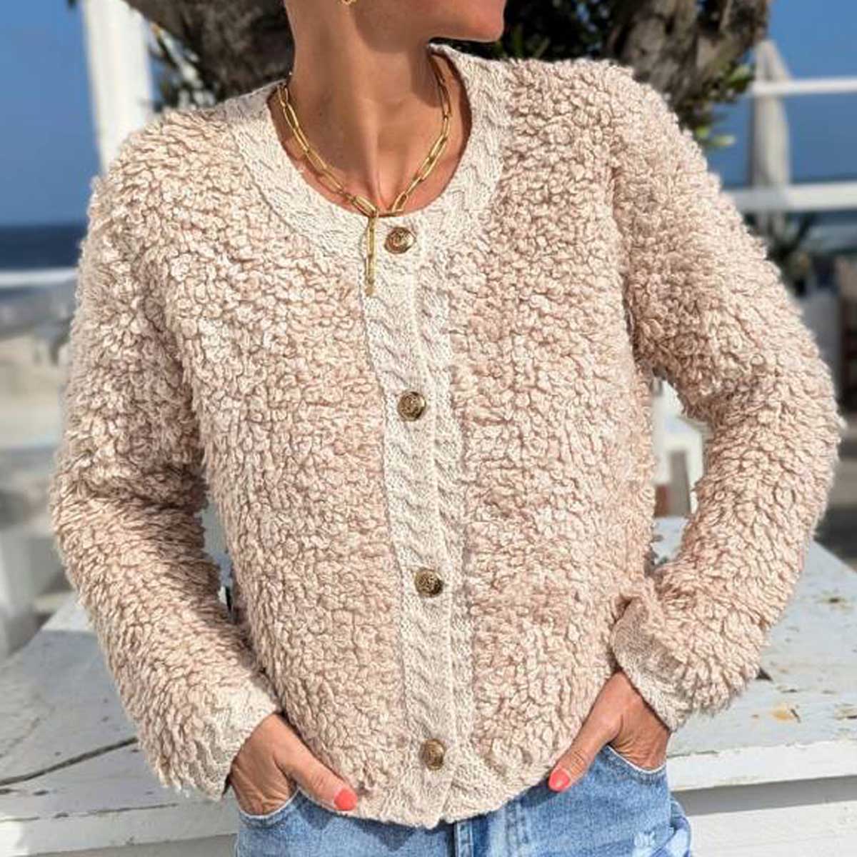 Beige Button Knit Cardigan
