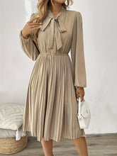 Load image into Gallery viewer, Elegant Beige Tie Neck Pleated Long Sleeve Midi Dress
