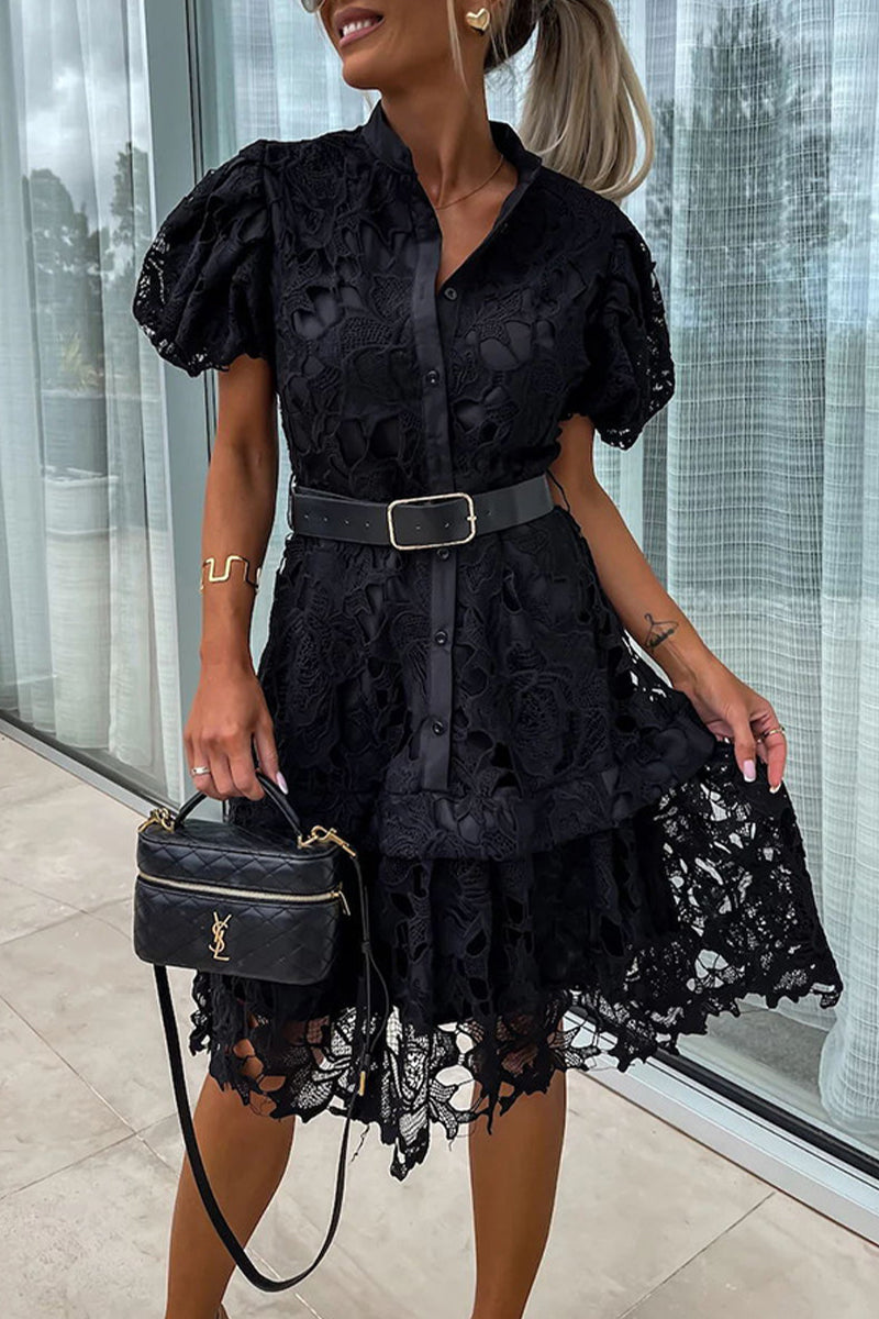 Elegant Hollowed Out Turndown Buttons Mini Lace Dress With Belt