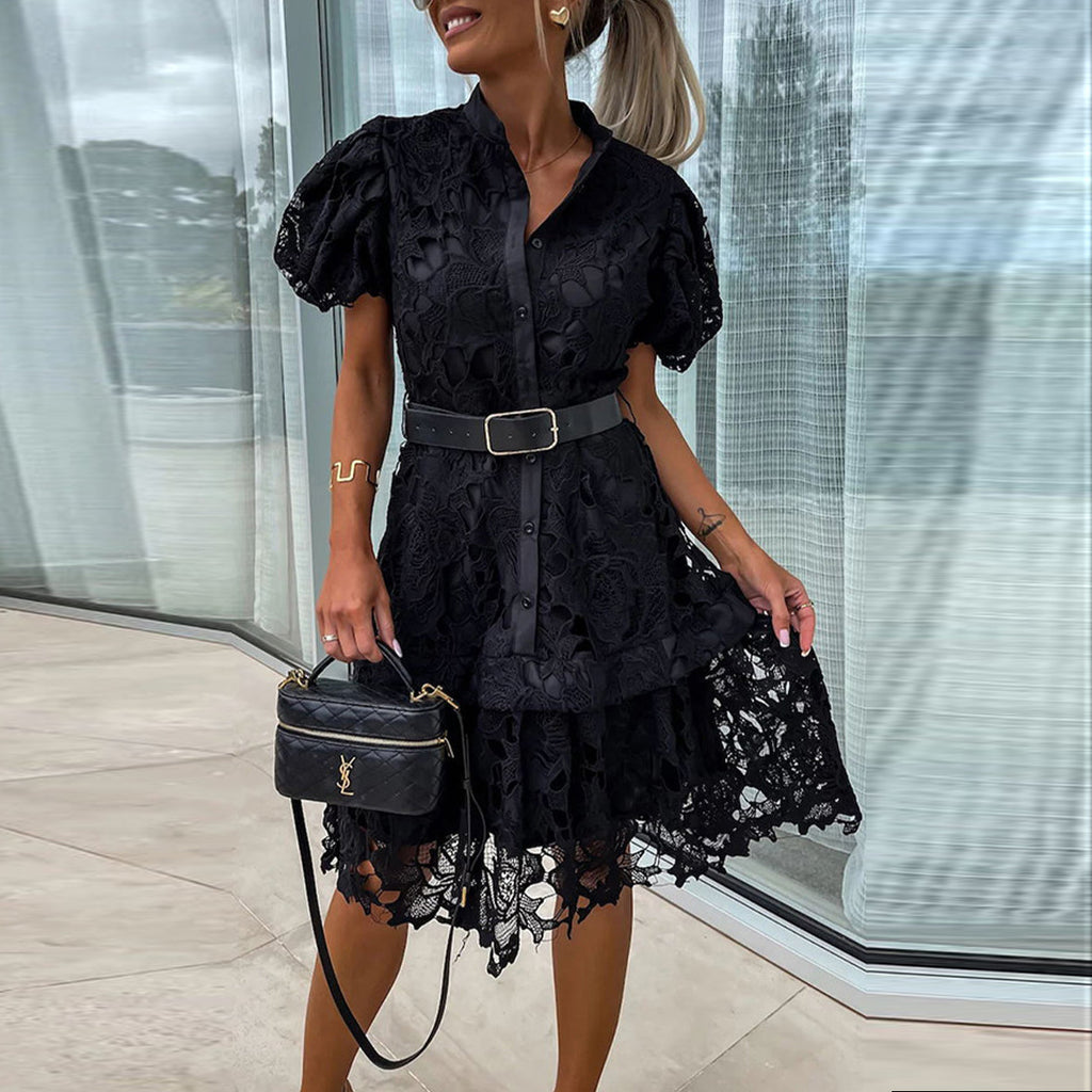 Elegant Hollowed Out Turndown Buttons Mini Lace Dress With Belt