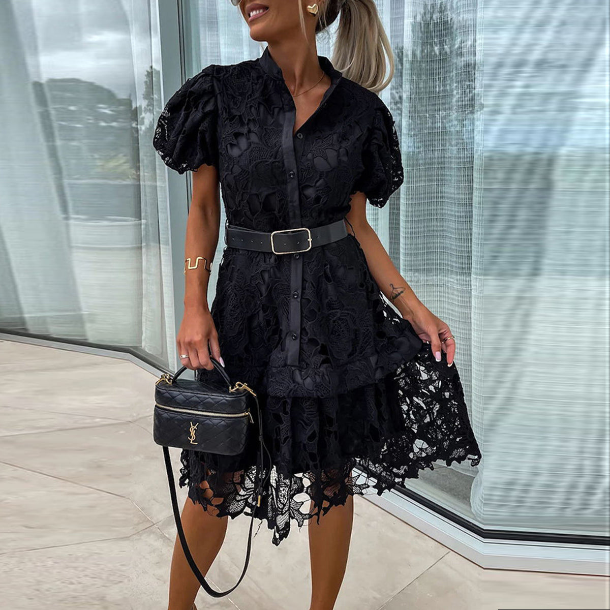 Elegant Hollowed Out Turndown Buttons Mini Lace Dress With Belt