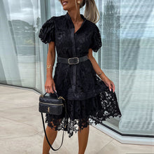 Load image into Gallery viewer, Elegant Hollowed Out Turndown Buttons Mini Lace Dress With Belt
