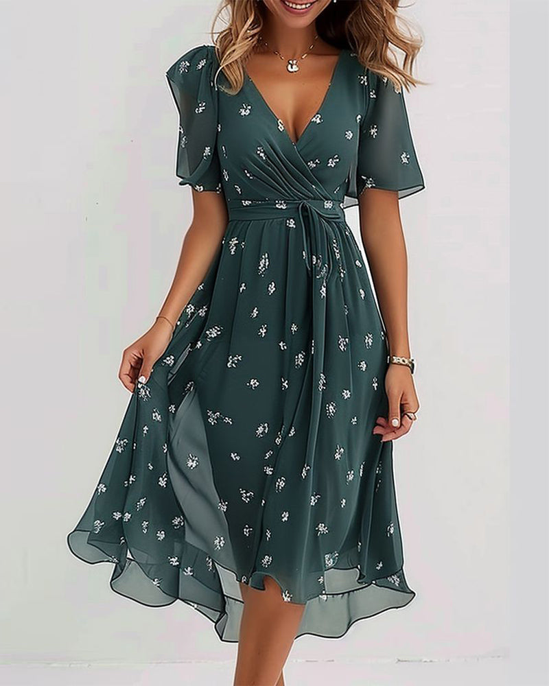 Dark Green Print Short Sleeve Midi Dress