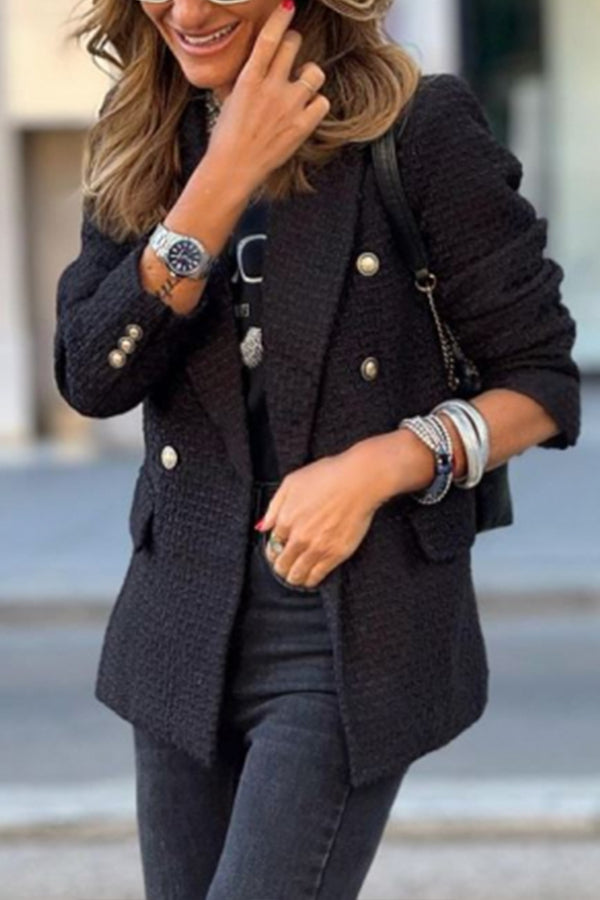 Black Lapel Buttons Tweed Blazer