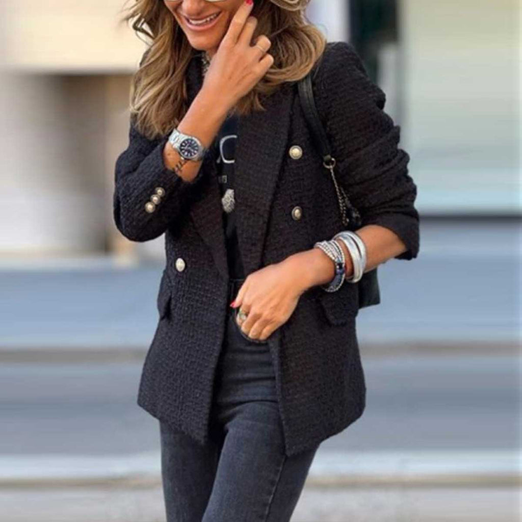 Black Lapel Buttons Tweed Blazer