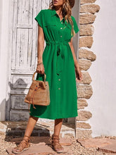 Load image into Gallery viewer, Simple Short Sleeves Collar Drawstring Waist Shirt Midi Dress
