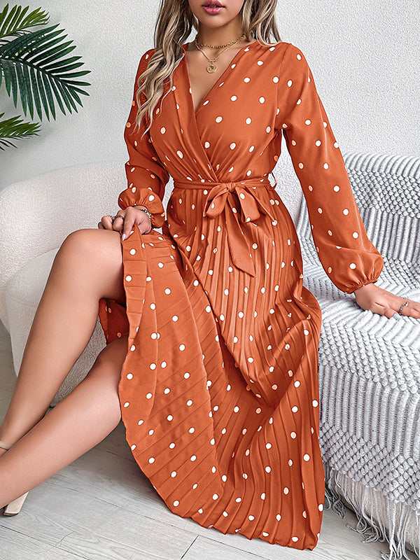 Classic V-neck Long Sleeves Polka Dots Print Midi Dress