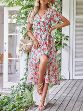 Load image into Gallery viewer, Floral V Neck Short Sleeve Ruffle Midi Dress
