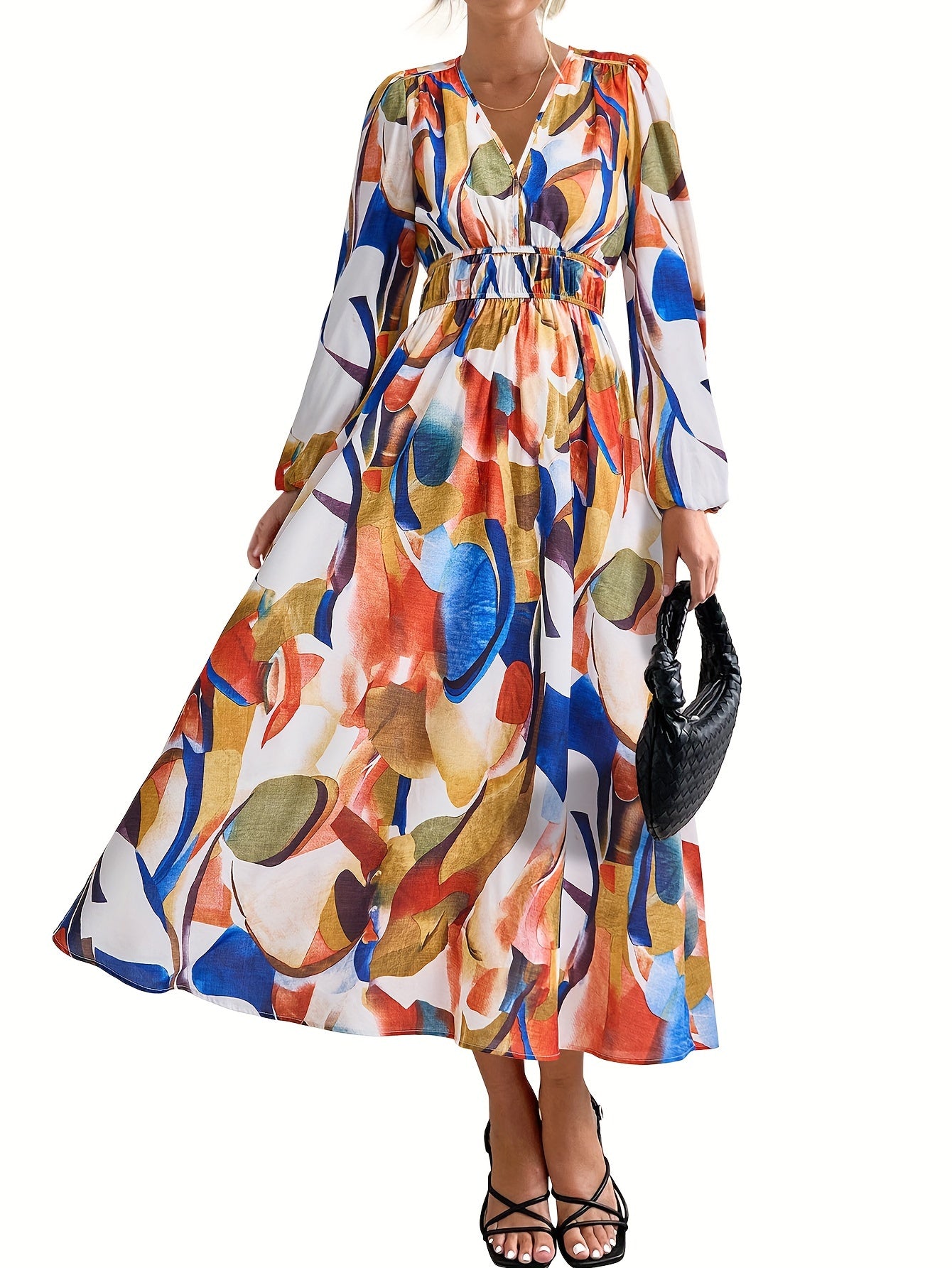 Casual Floral V Neck Long Sleeve Dress