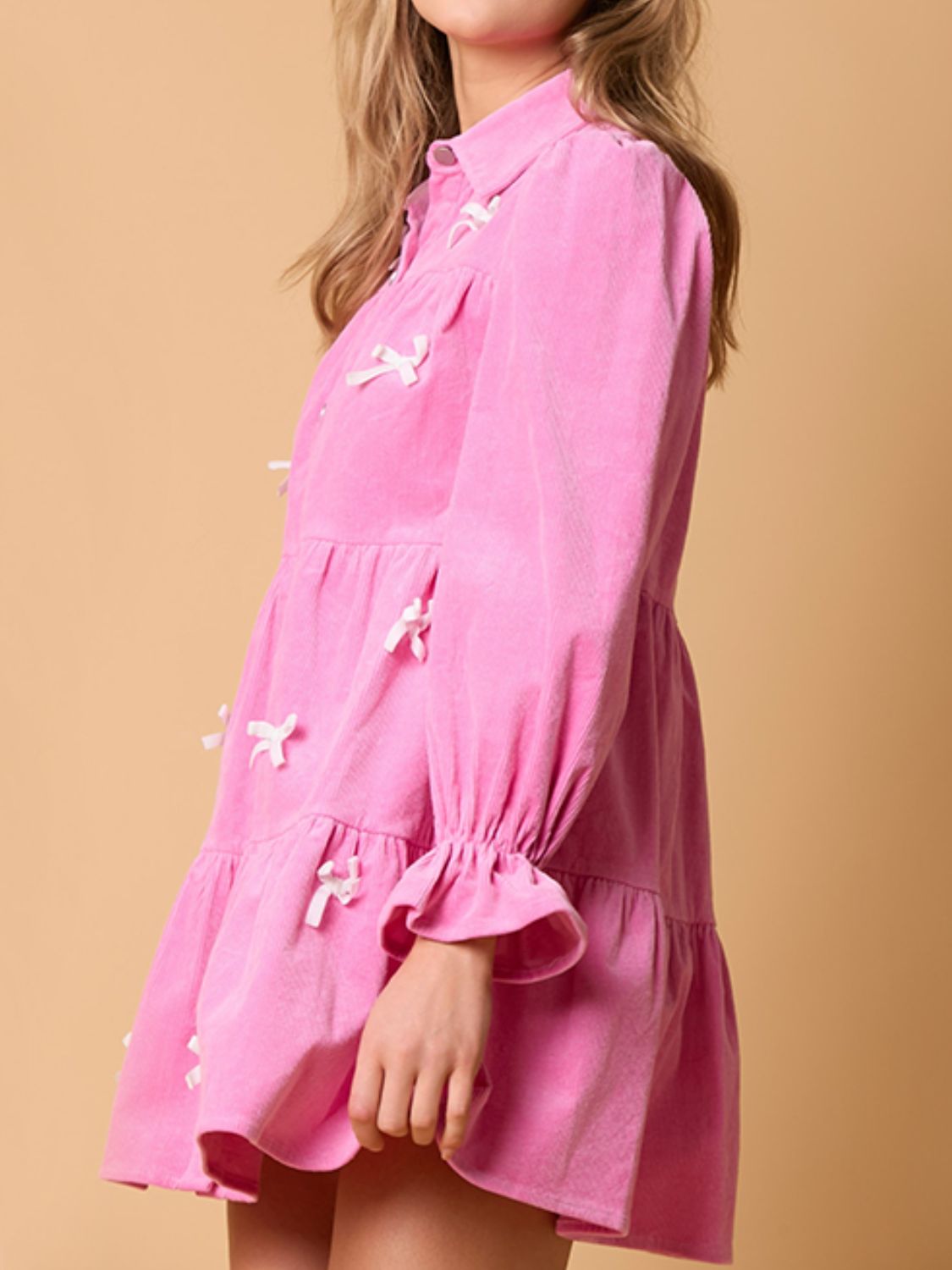 Collared Neck Flounce Sleeve Bow Mini Dress