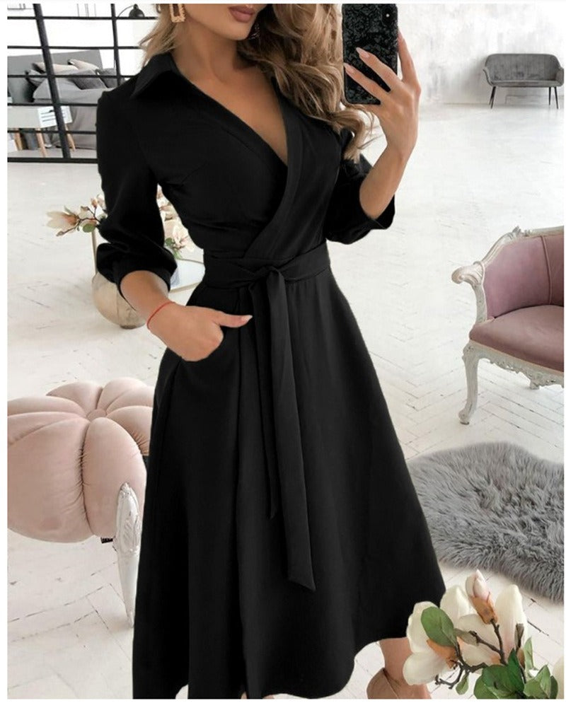 Collar Long Sleeves Wrap Midi Dress