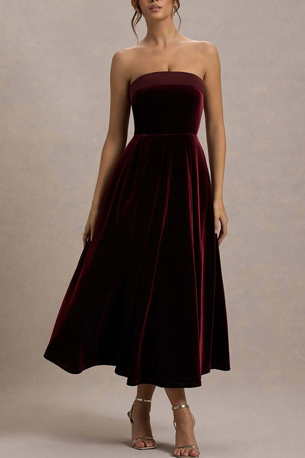 Elegant Strapless A-line Velvet Midi Dress