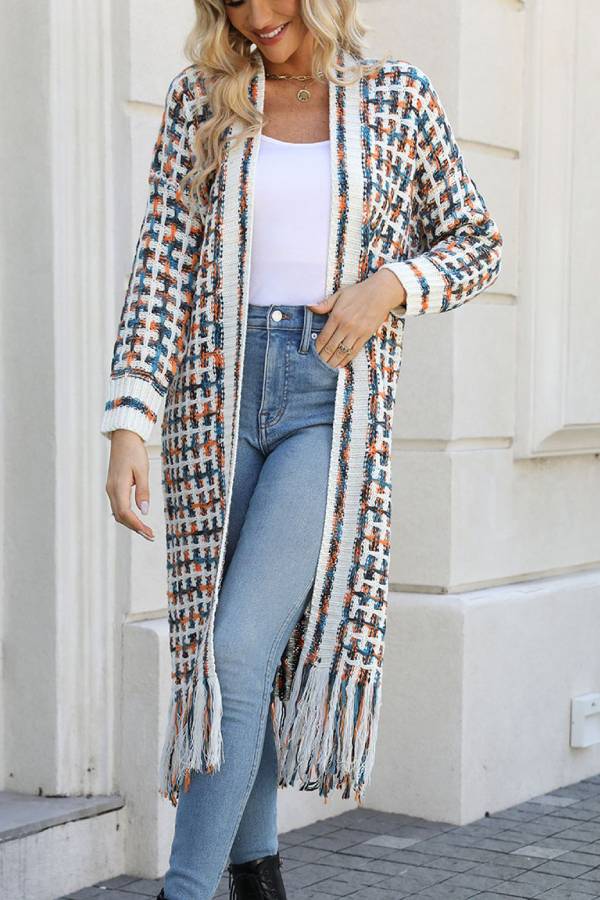 Color Block Fringed Long Cardigan Coat