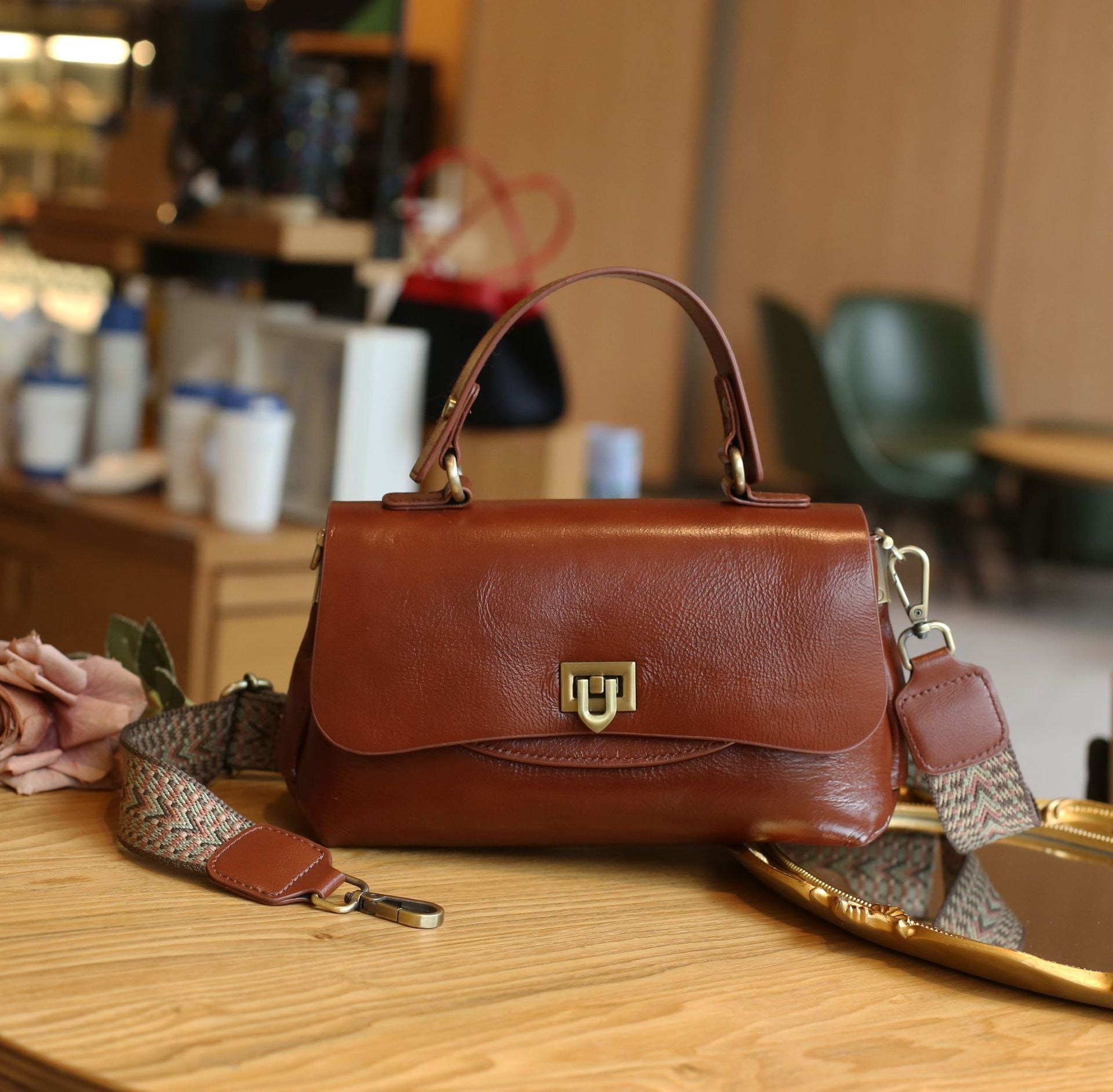 Classic Full Grain Leather Handbag  Flap Top Mini Crossbody Bag