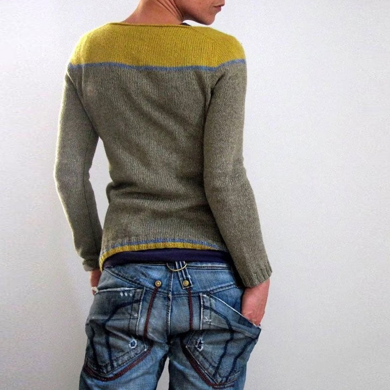 Casual Roll Trim Boat Neck Long Sleeve Color Block Striped Sweater