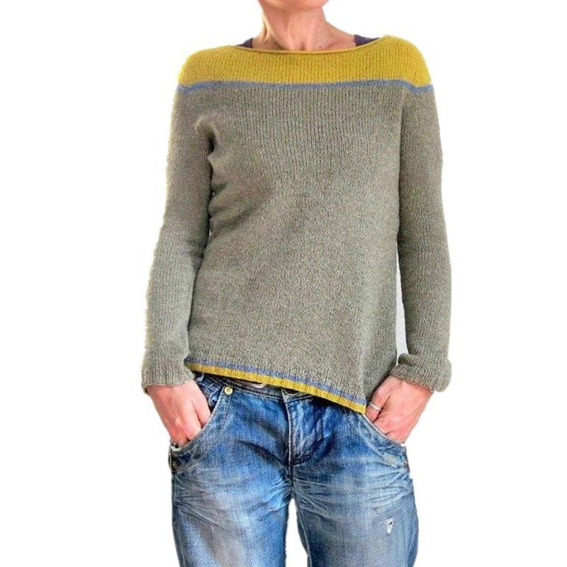 Casual Roll Trim Boat Neck Long Sleeve Color Block Striped Sweater