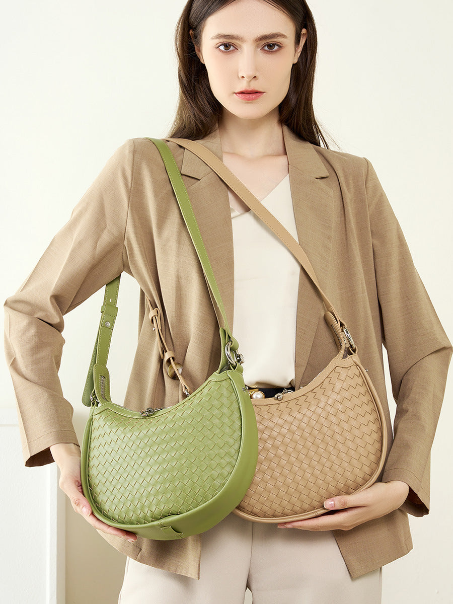 Classic Genuine Leather Bag Woven Crescent Handbag