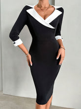 Load image into Gallery viewer, Stylish Lapel Three-Quarter Sleeve Color Block Midi Dress
