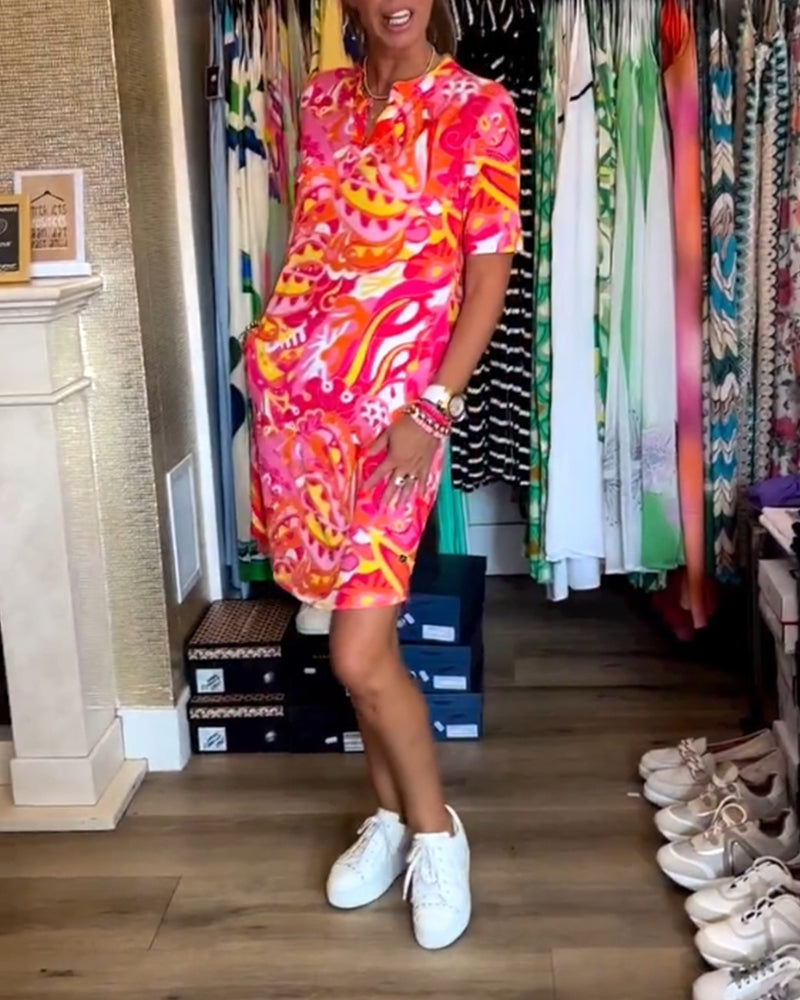 Pink Print Short Sleeve Mini Dress