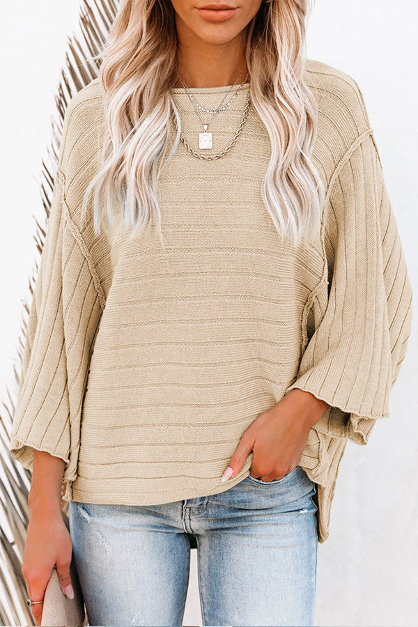 Apricot Ribbed Knit 3/4 Sleeve Pullover Sweater