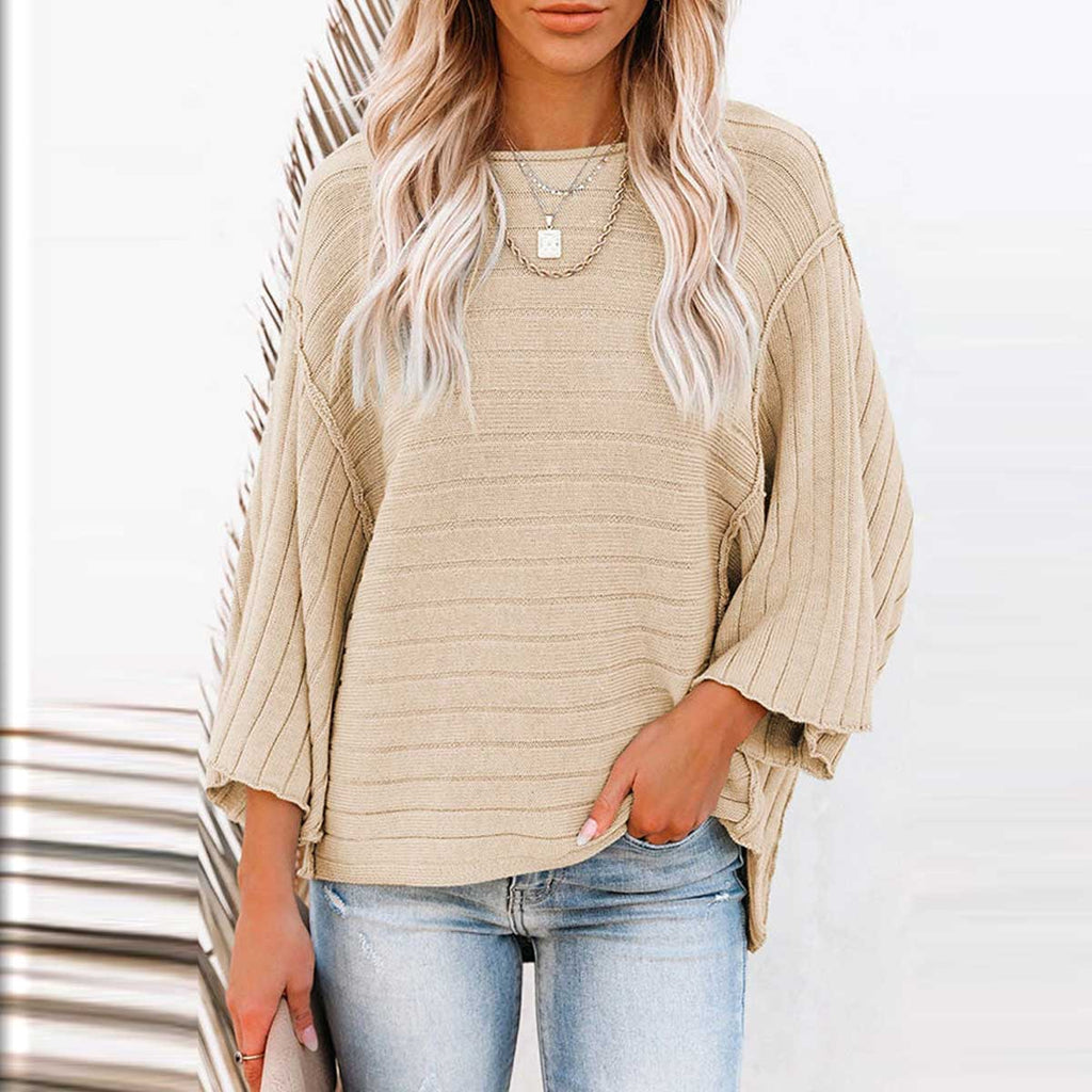 Apricot Ribbed Knit 3/4 Sleeve Pullover Sweater