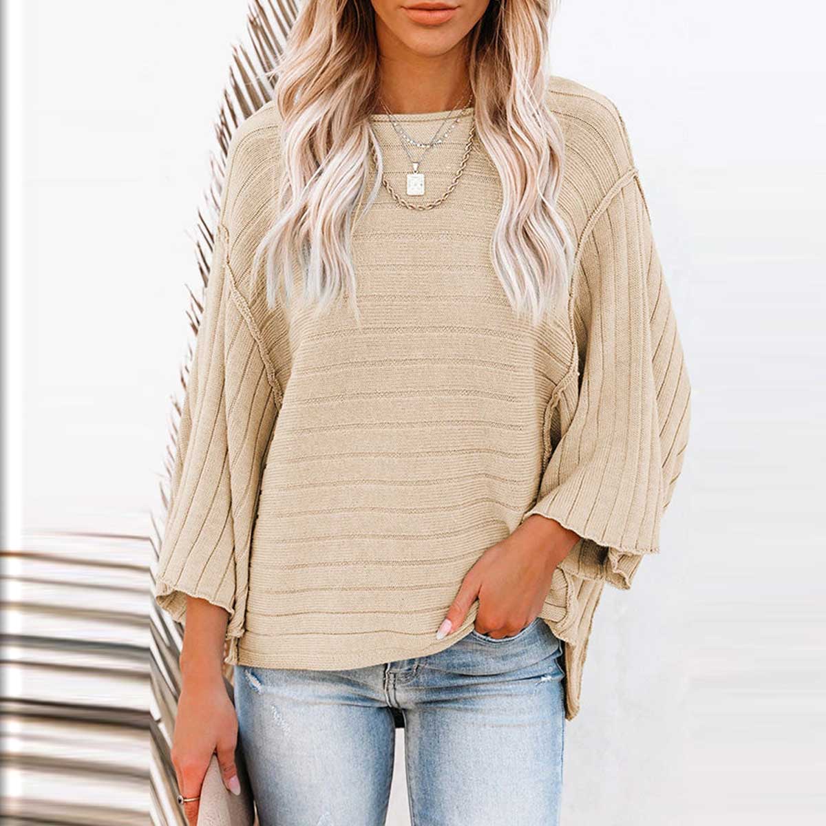 Apricot Ribbed Knit 3/4 Sleeve Pullover Sweater