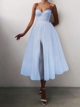 Load image into Gallery viewer, French Vintage Sweatheart Spaghetti Straps Split Side Mesh Midi Dress
