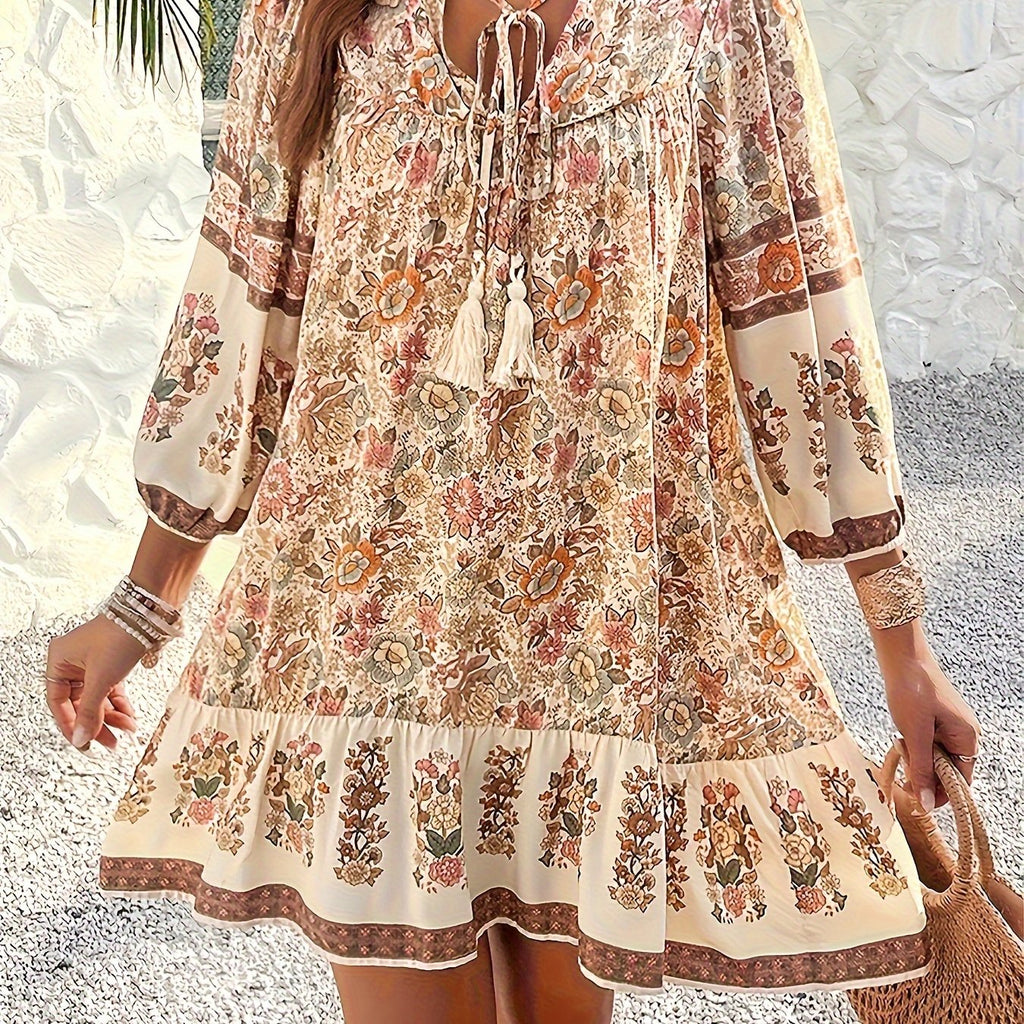 Loose Boho Long Sleeve Floral Tie Neck Mini Dress