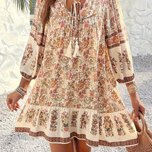 Load image into Gallery viewer, Loose Boho Long Sleeve Floral Tie Neck Mini Dress

