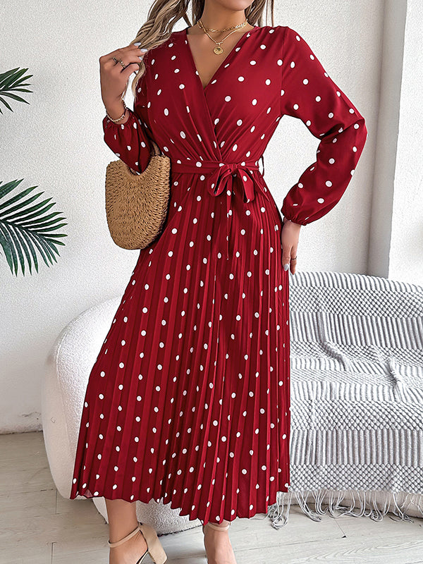 Classic V-neck Long Sleeves Polka Dots Print Midi Dress