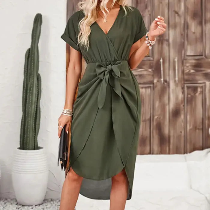 Loose V-neck Short Sleeves Tie Knot Midi Dress