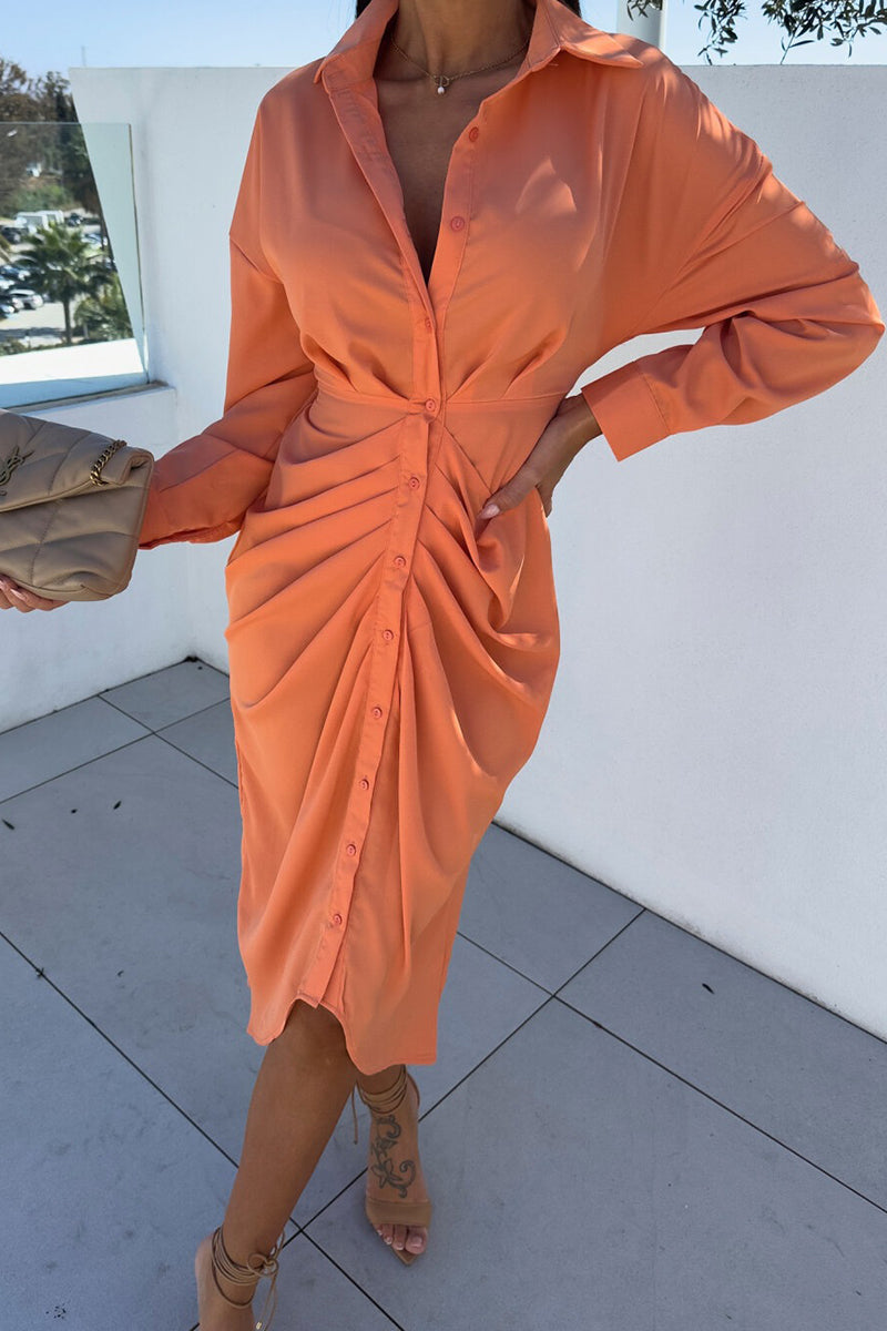 Elegant Long Sleeves Ruched Buttons Down Shirt Bodycon Midi Dress