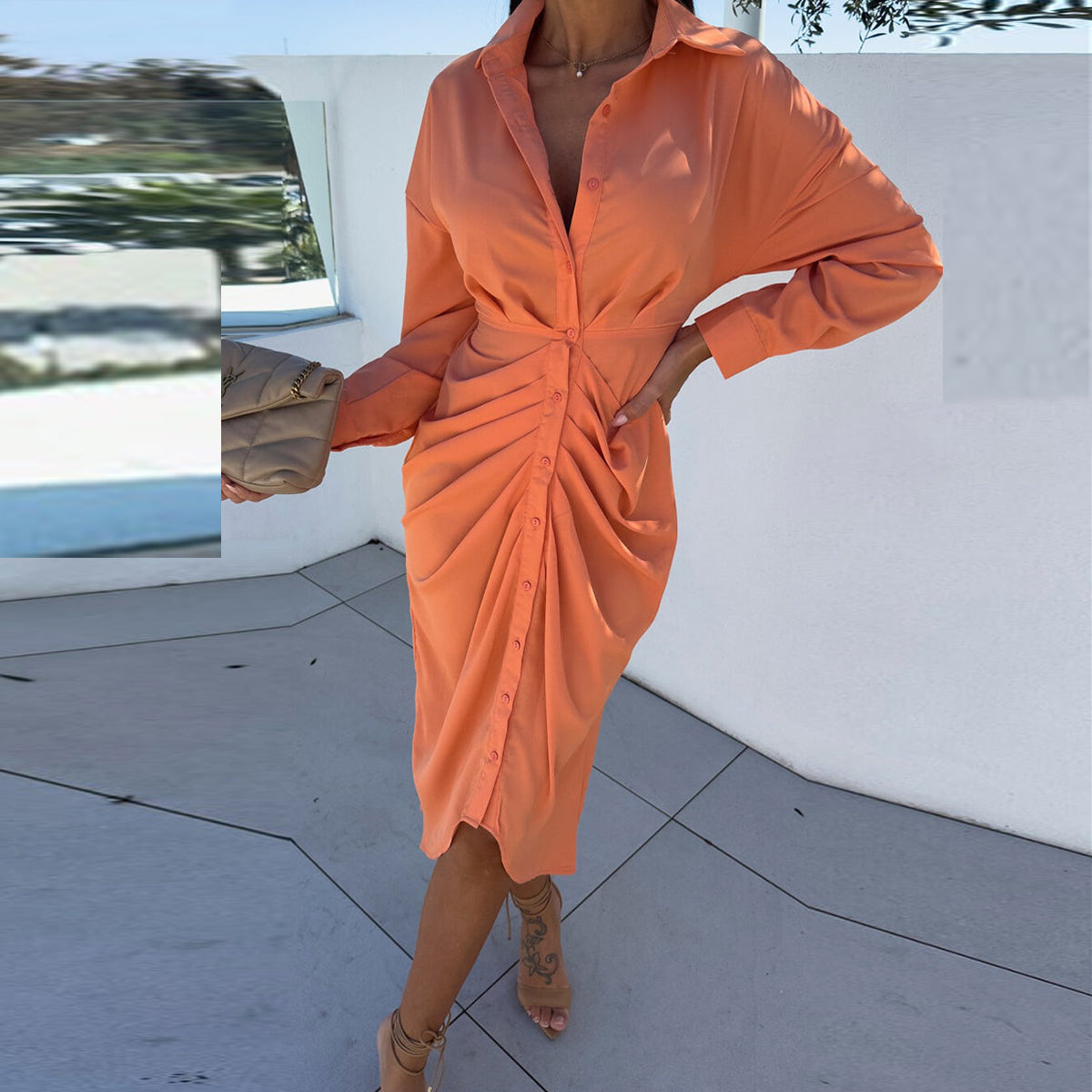 Elegant Long Sleeves Ruched Buttons Down Shirt Bodycon Midi Dress