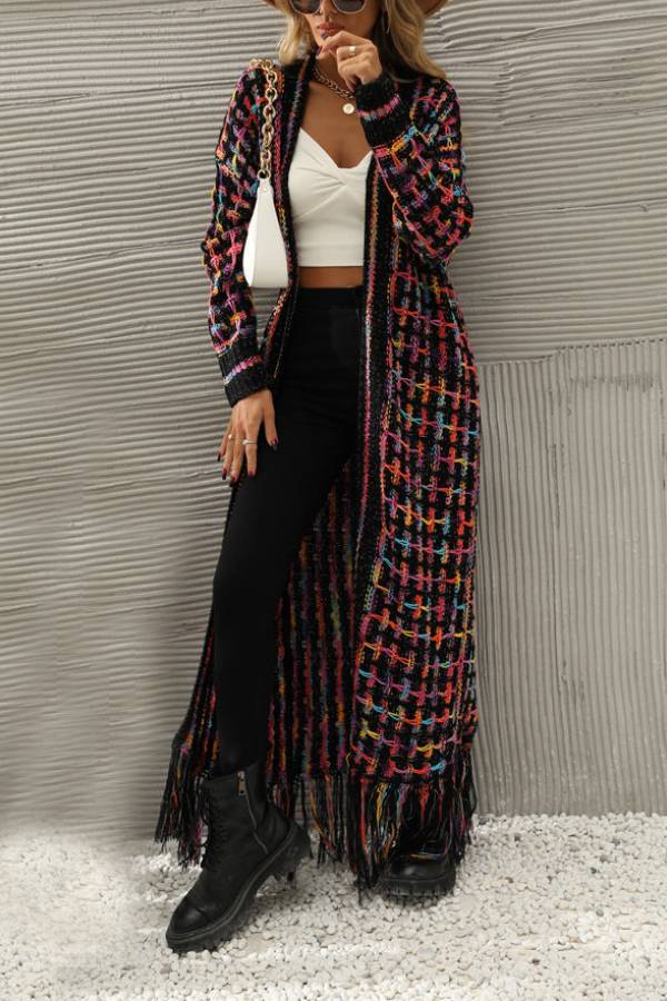 Color Block Fringed Long Cardigan Coat