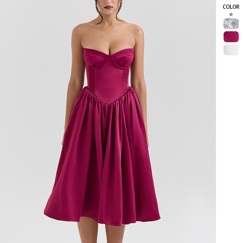 Elegant Strapless Sexy Sweetheart Neckline A-Line Fitted Waist Midi Dress