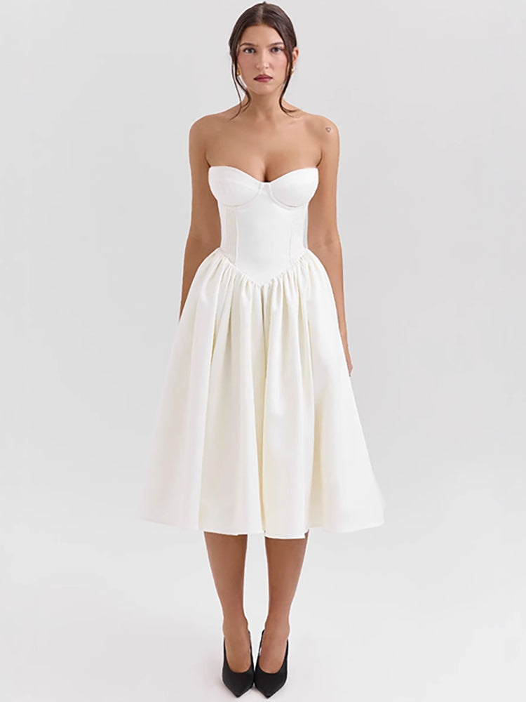 Elegant Strapless Sexy Sweetheart Neckline A-Line Fitted Waist Midi Dress