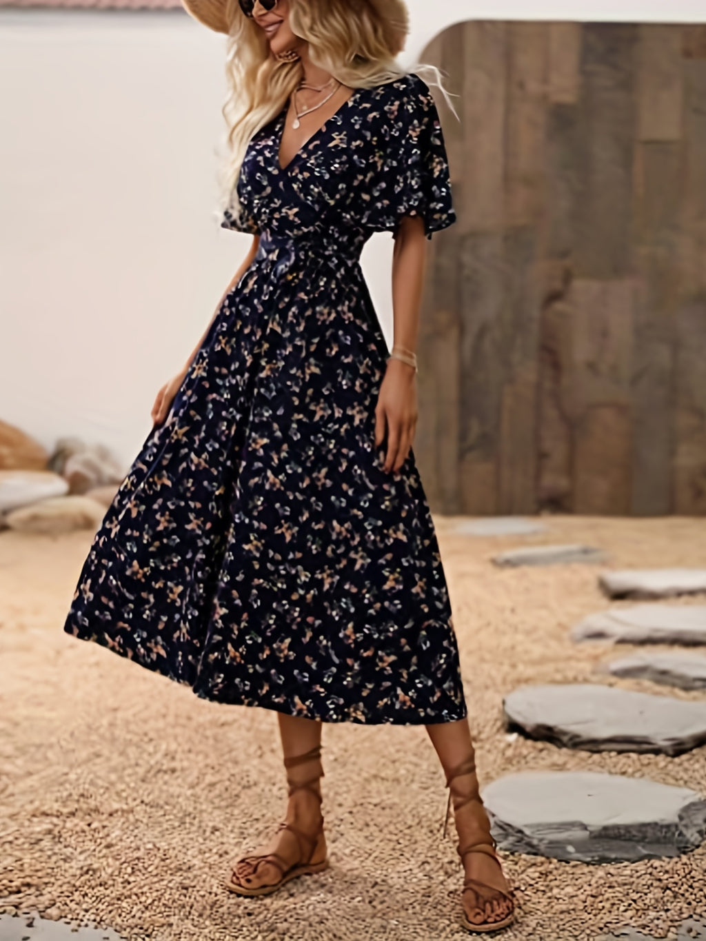 Boho V-neck Floral Print Flutter Short Sleeve Midi Dress