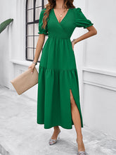 Load image into Gallery viewer, Green V-neck Short Sleeves Slit Side Tiered Midi Dress
