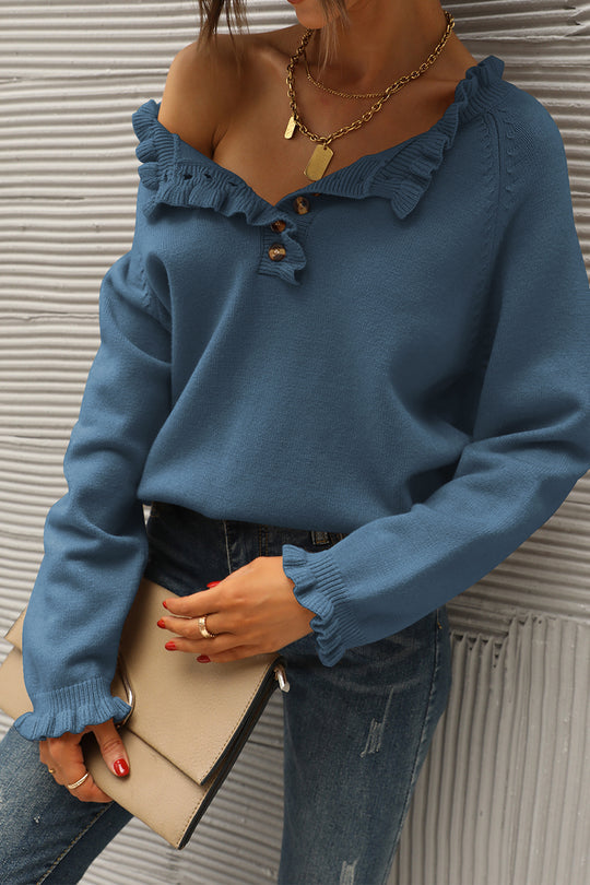 Chic Long Sleeve Button Down Ruffle Knit Pullover Sweater