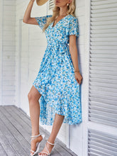 Load image into Gallery viewer, Floral V Neck Short Sleeve Ruffle Midi Dress
