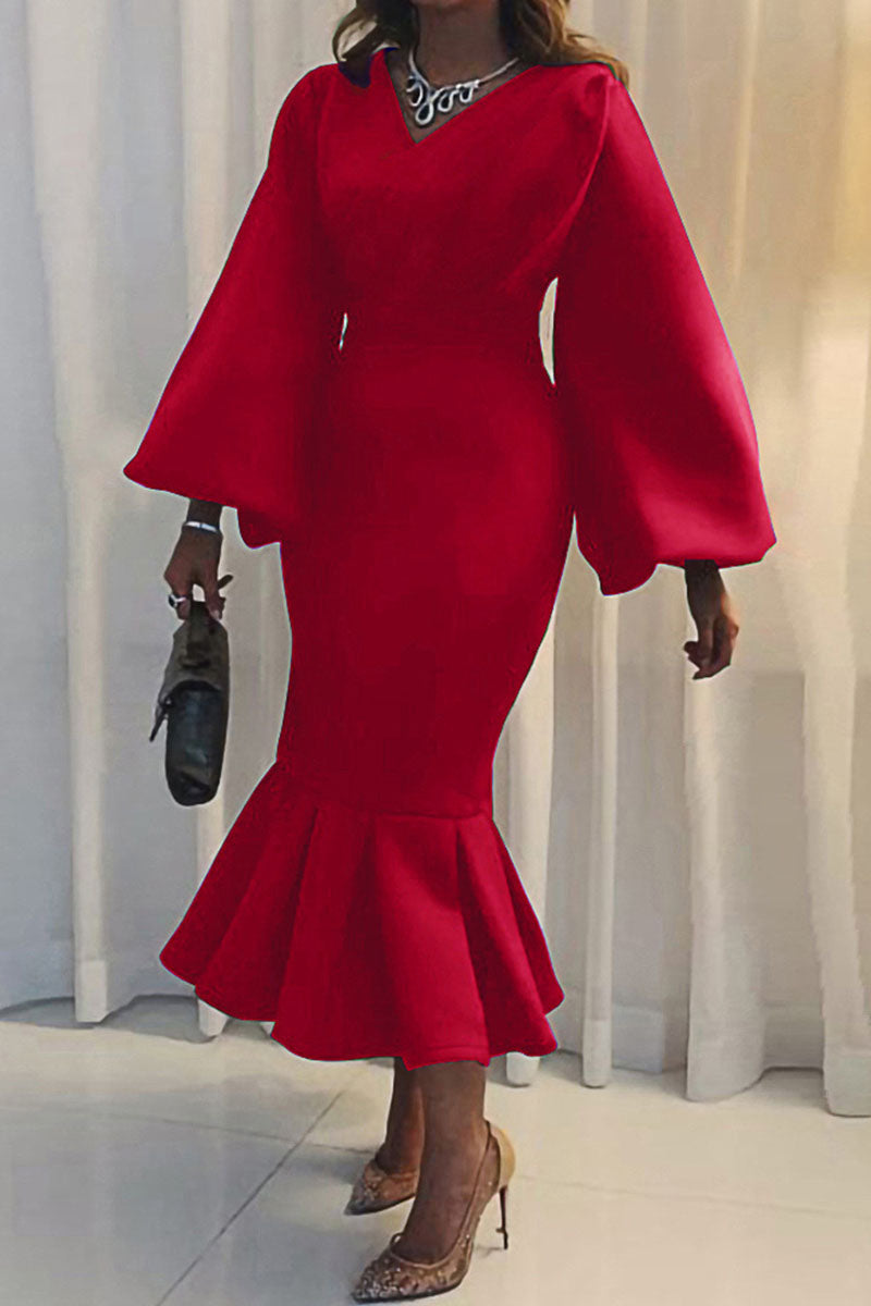 Elegant V Neck Long Sleeves Ruffled Midi Evening Dress