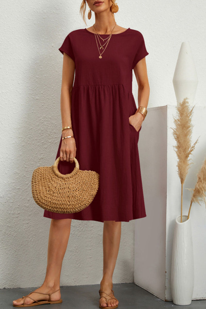 Casual Round Neck Short Sleeve A Line Pockets Midi Dress