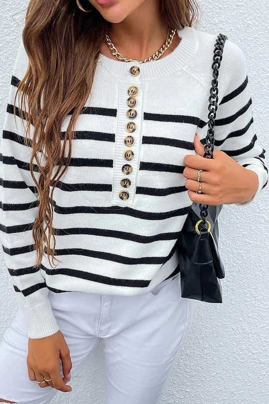 Classic Crew Neck Button Long Sleeves Striped Sweater
