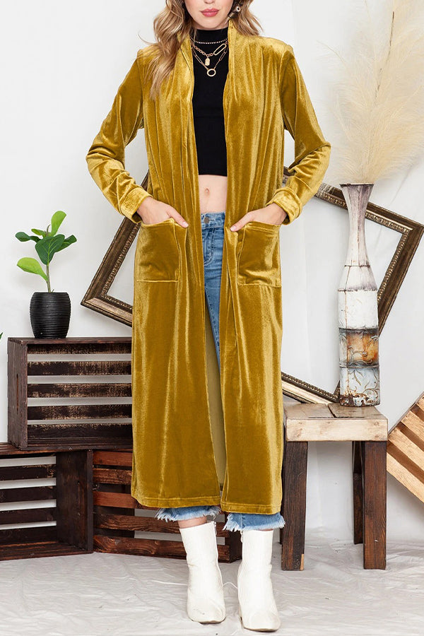 Elegant Yellow Velvet Open Front Pocket Long Coat