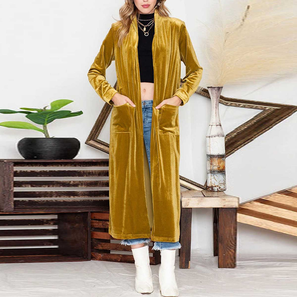 Elegant Yellow Velvet Open Front Pocket Long Coat