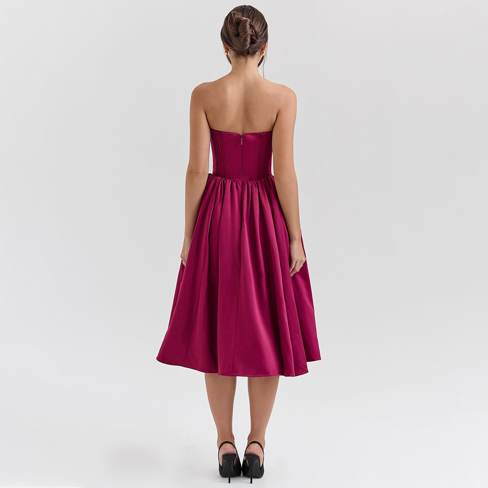 Elegant Strapless Sexy Sweetheart Neckline A-Line Fitted Waist Midi Dress